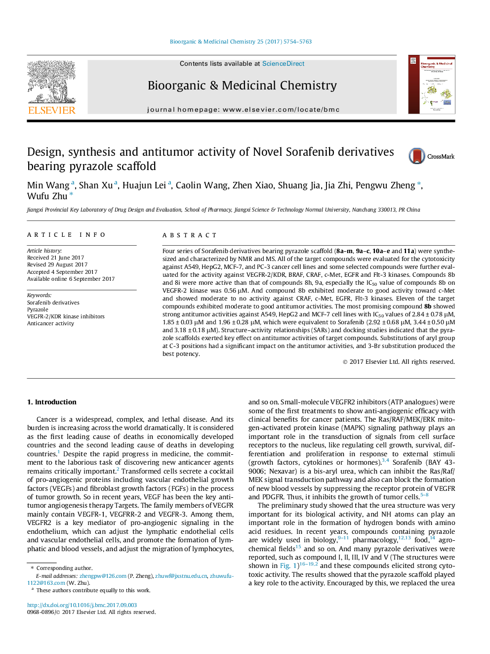 عکس صفحه اول مقاله: Design, synthesis and antitumor activity of Novel Sorafenib derivatives bearing pyrazole scaffold Design, synthesis and antitumor activity of Novel Sorafenib derivatives bearing pyrazole scaffold