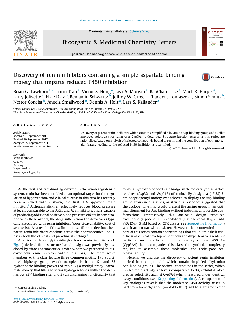 Discovery of renin inhibitors containing a simple aspartate binding moiety that imparts reduced P450 inhibition