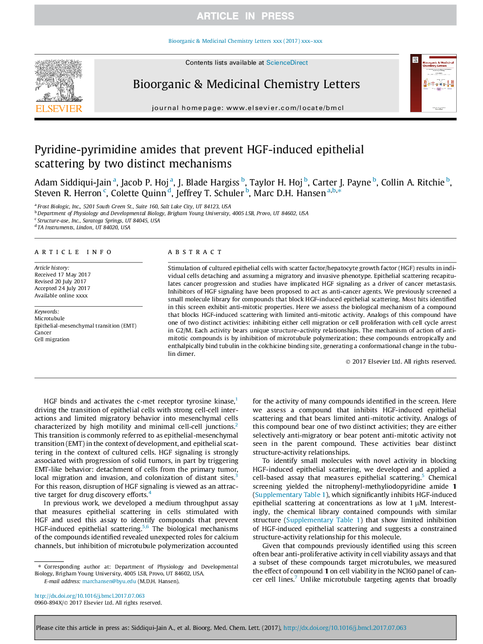 Pyridine-pyrimidine amides that prevent HGF-induced epithelial scattering by two distinct mechanisms