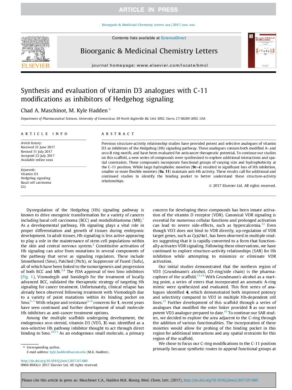 Synthesis and evaluation of vitamin D3 analogues with C-11 modifications as inhibitors of Hedgehog signaling