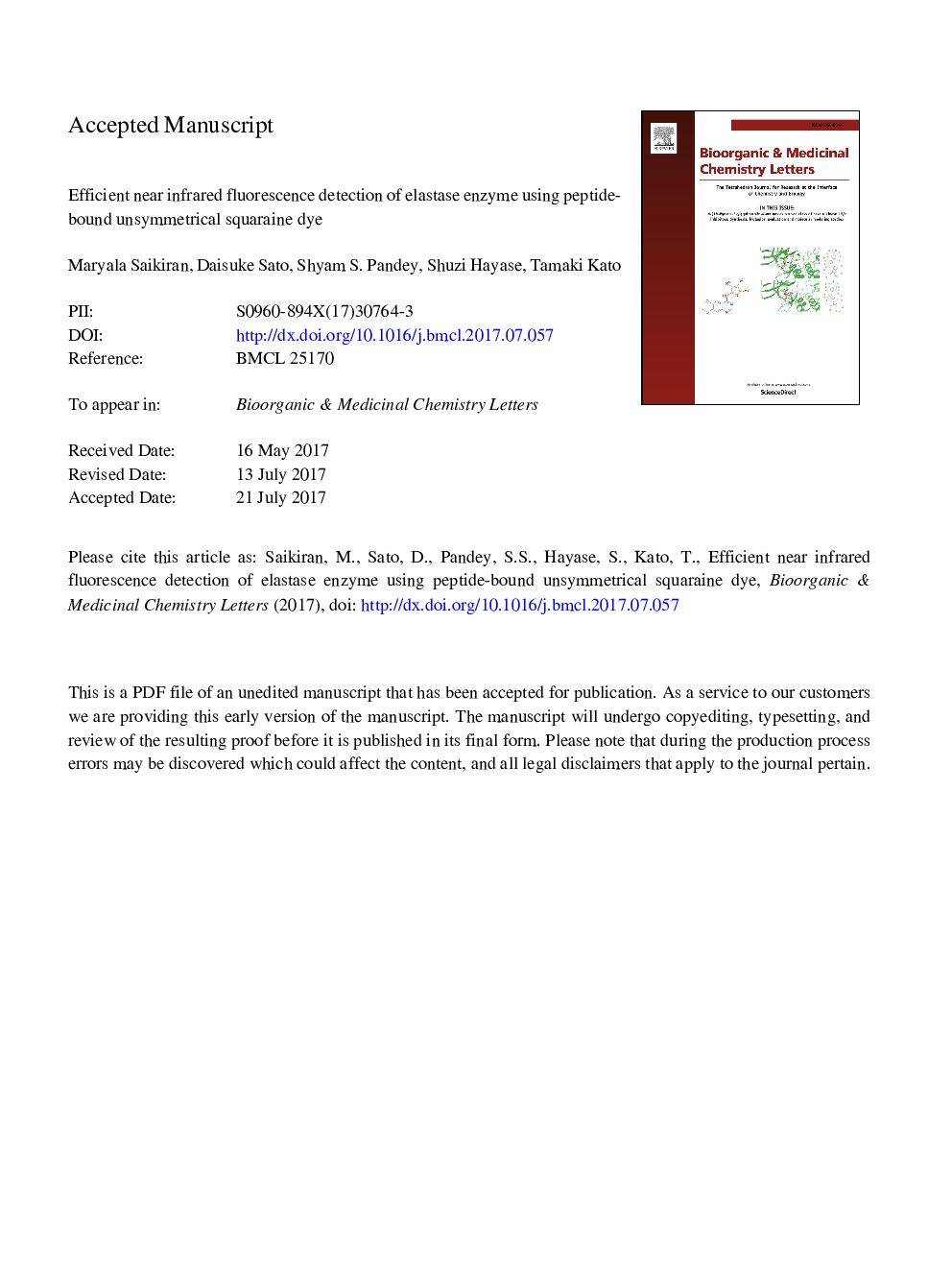 Efficient near infrared fluorescence detection of elastase enzyme using peptide-bound unsymmetrical squaraine dye