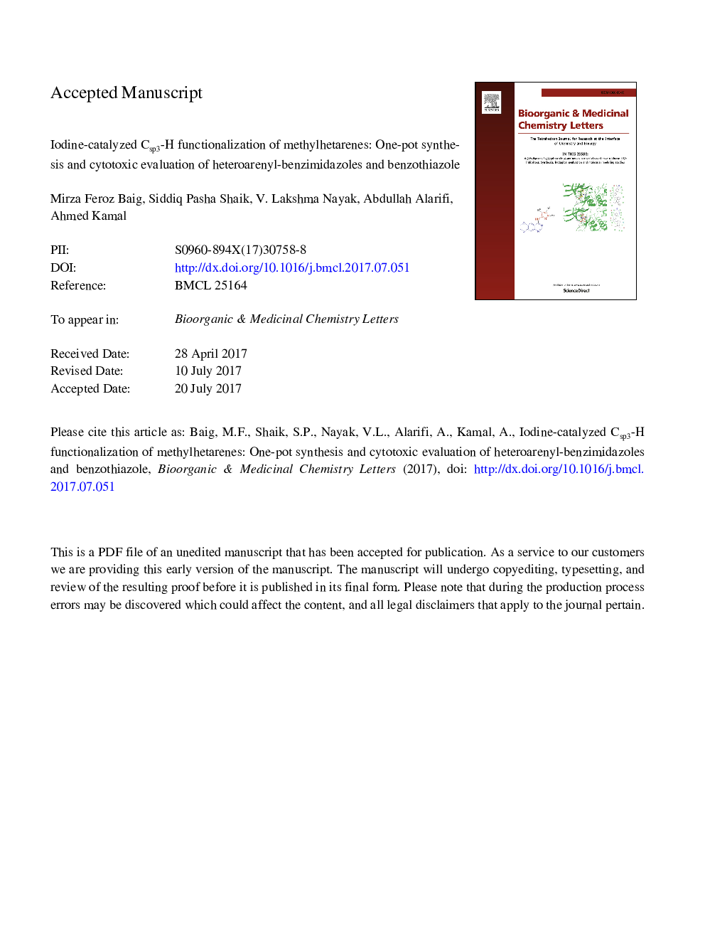 Iodine-catalyzed Csp3-H functionalization of methylhetarenes: One-pot synthesis and cytotoxic evaluation of heteroarenyl-benzimidazoles and benzothiazole