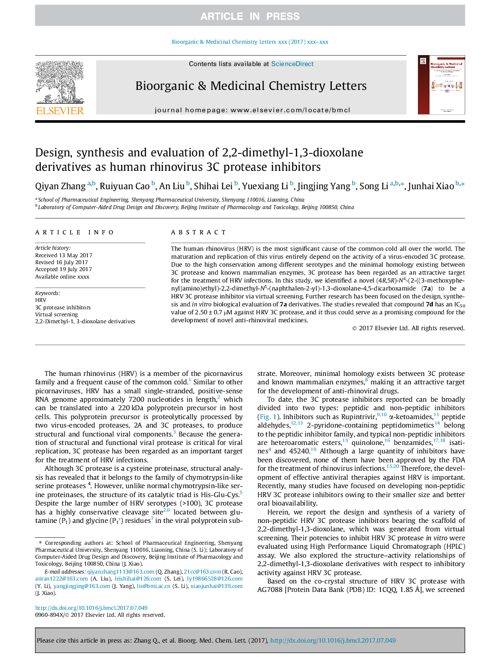 Design, synthesis and evaluation of 2,2-dimethyl-1,3-dioxolane derivatives as human rhinovirus 3C protease inhibitors