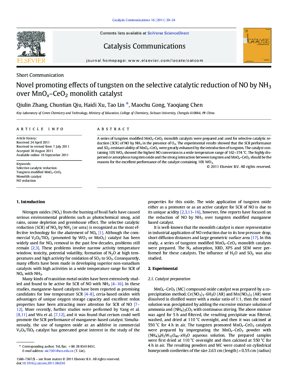 Novel promoting effects of tungsten on the selective catalytic reduction of NO by NH3 over MnOx–CeO2 monolith catalyst