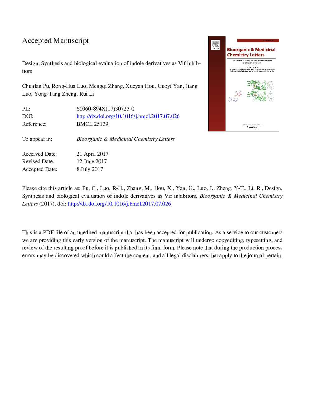 Design, synthesis and biological evaluation of indole derivatives as Vif inhibitors