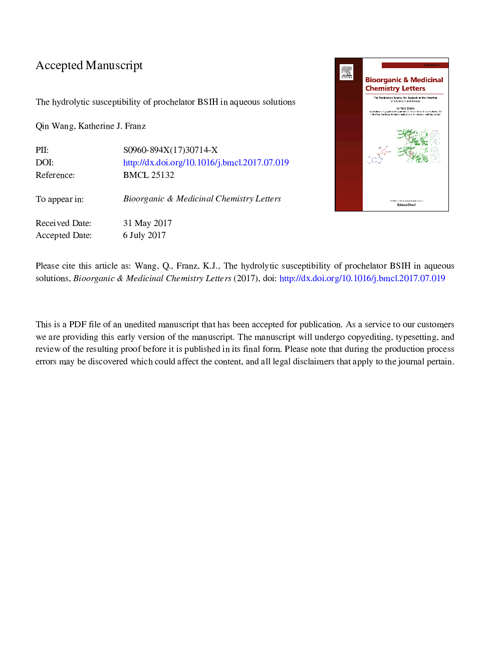 The hydrolytic susceptibility of prochelator BSIH in aqueous solutions