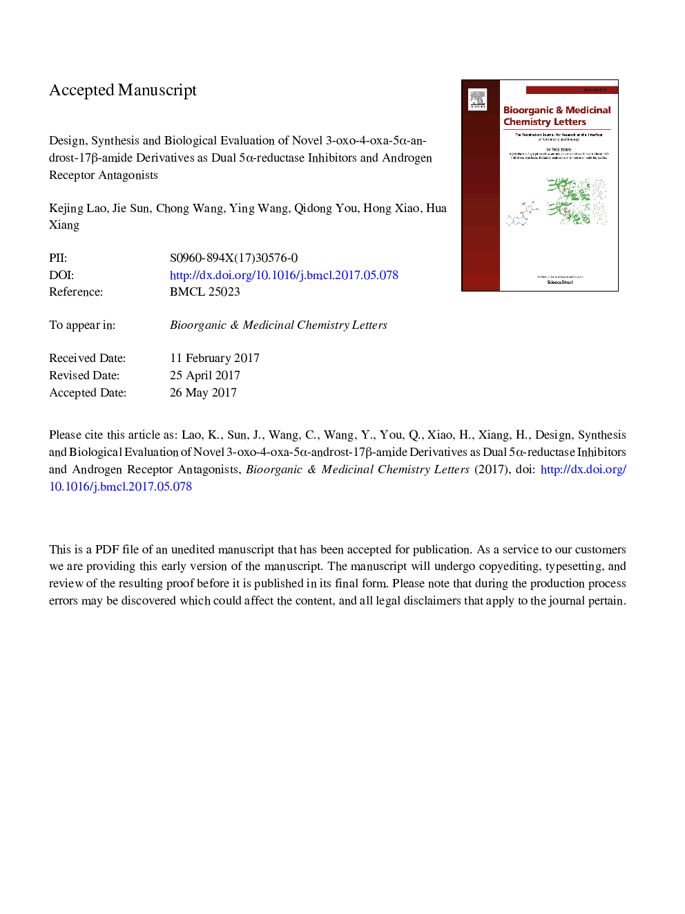 Design, synthesis and biological evaluation of novel 3-oxo-4-oxa-5Î±-androst-17Î²-amide derivatives as dual 5Î±-reductase inhibitors and androgen receptor antagonists