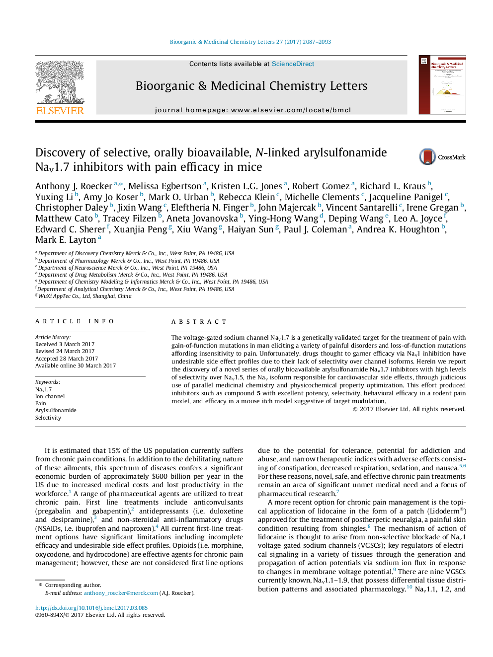 Discovery of selective, orally bioavailable, N-linked arylsulfonamide Nav1.7 inhibitors with pain efficacy in mice