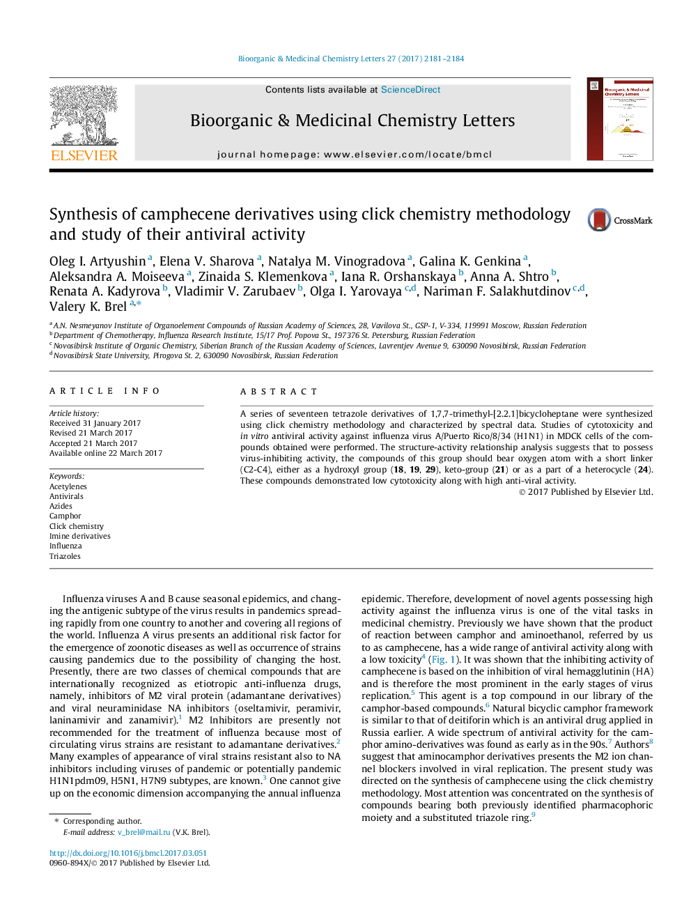 Synthesis of camphecene derivatives using click chemistry methodology and study of their antiviral activity