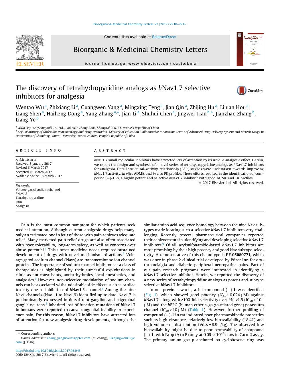 The discovery of tetrahydropyridine analogs as hNav1.7 selective inhibitors for analgesia