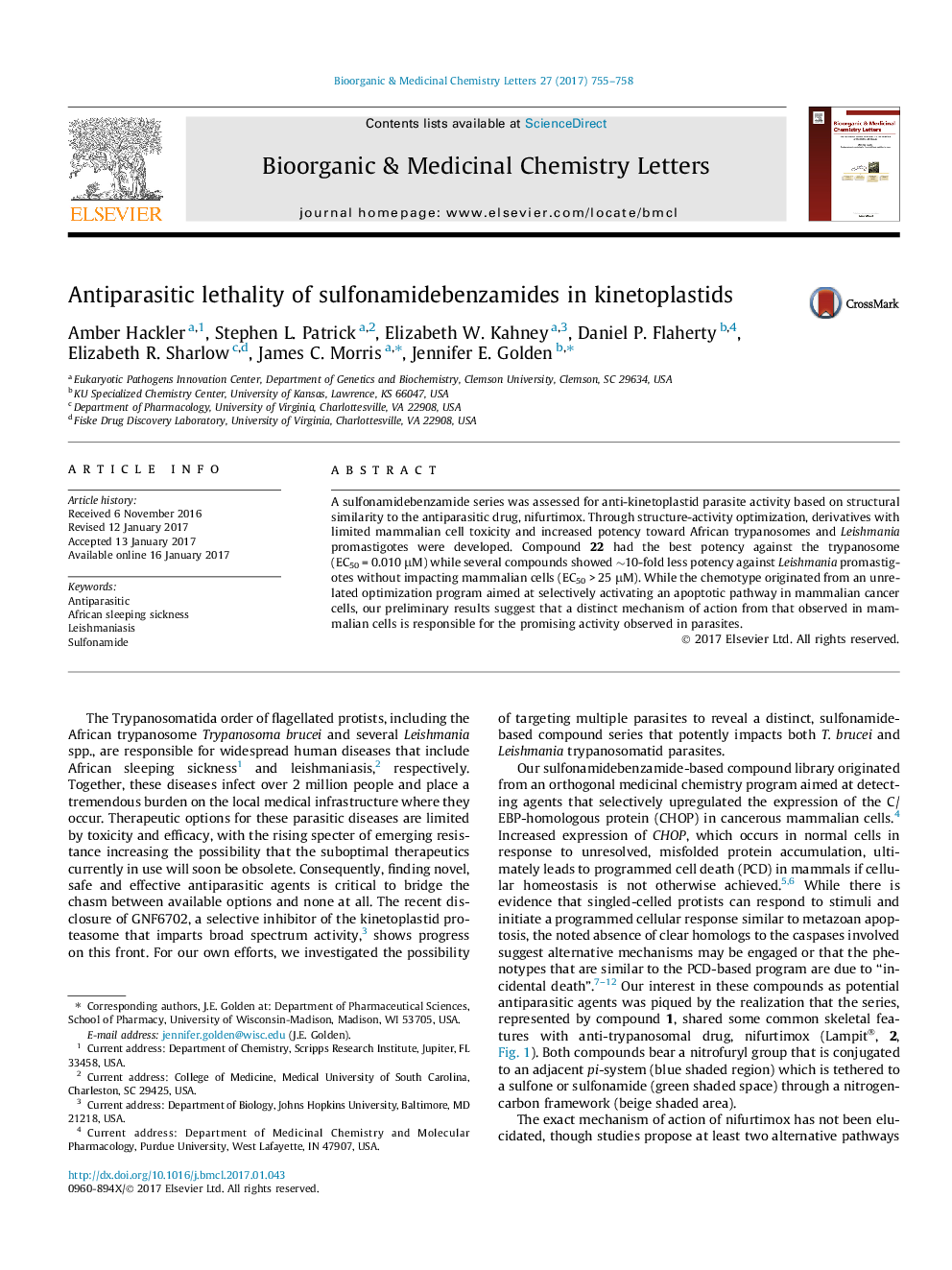 Antiparasitic lethality of sulfonamidebenzamides in kinetoplastids