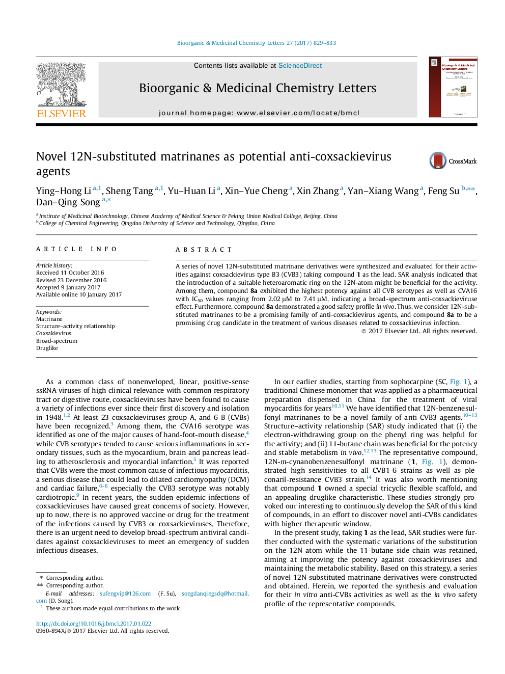 Novel 12N-substituted matrinanes as potential anti-coxsackievirus agents