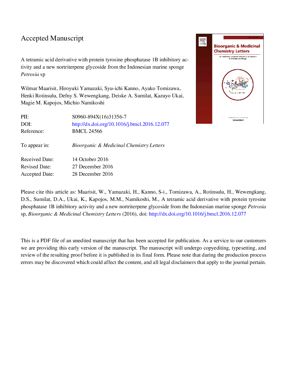 A tetramic acid derivative with protein tyrosine phosphatase 1B inhibitory activity and a new nortriterpene glycoside from the Indonesian marine sponge Petrosia sp.