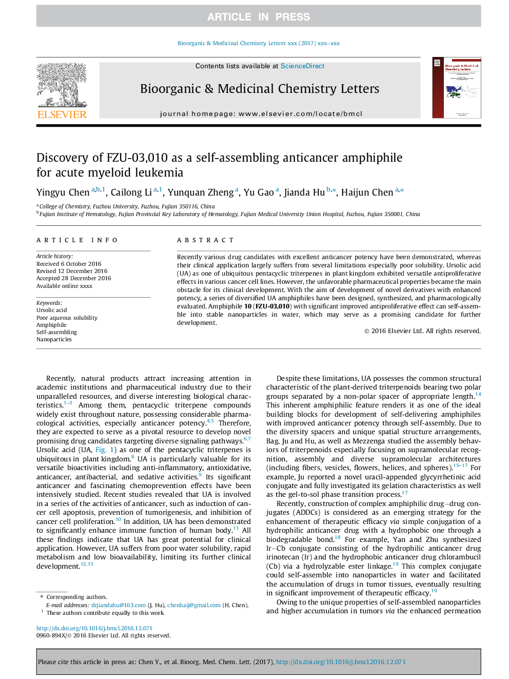 Discovery of FZU-03,010 as a self-assembling anticancer amphiphile for acute myeloid leukemia