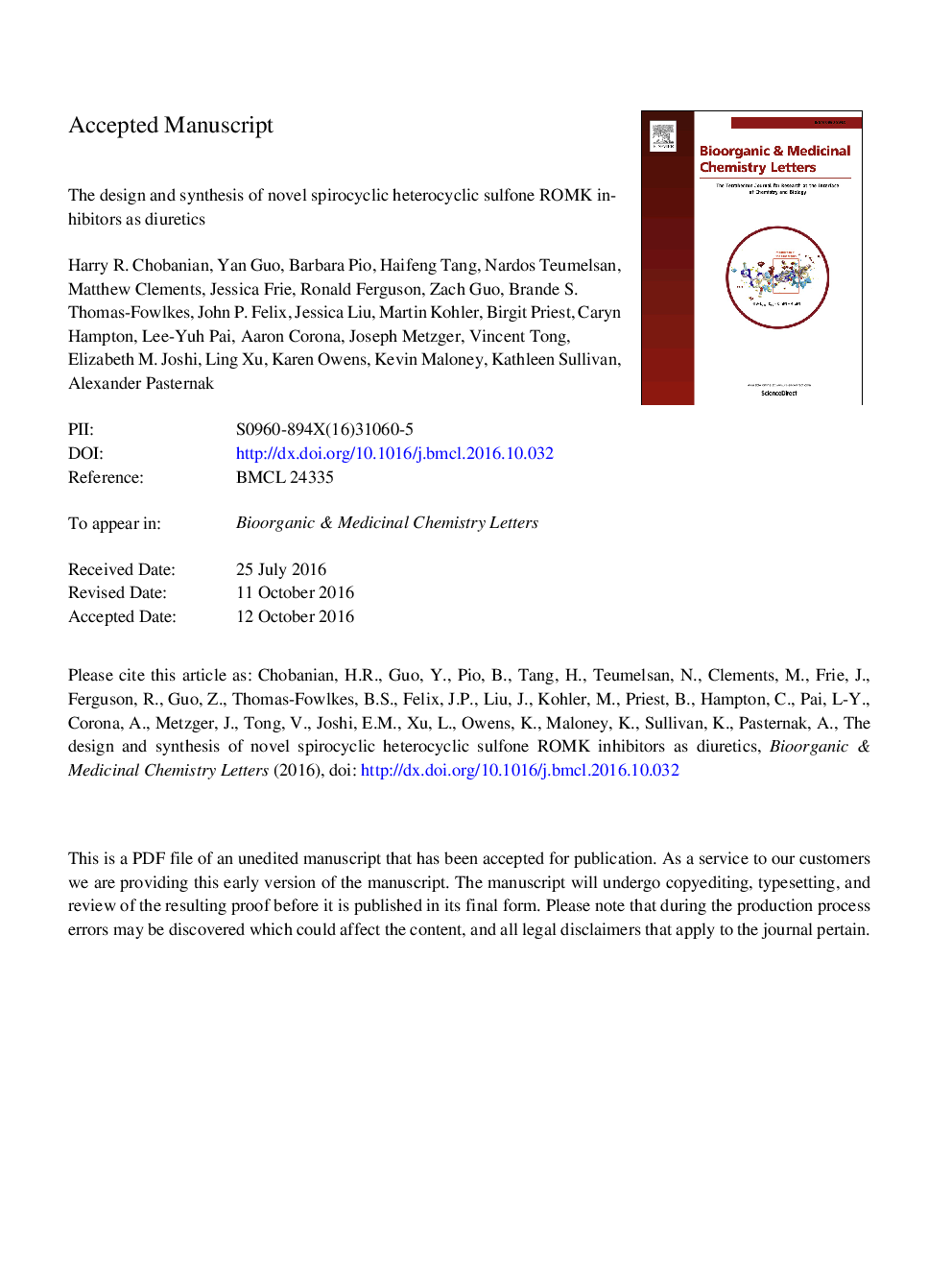 The design and synthesis of novel spirocyclic heterocyclic sulfone ROMK inhibitors as diuretics