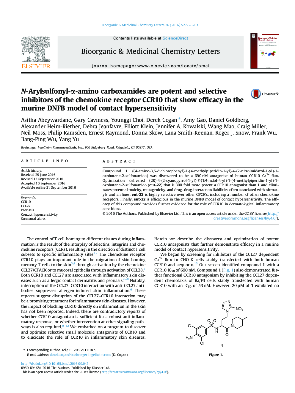 N-Arylsulfonyl-Î±-amino carboxamides are potent and selective inhibitors of the chemokine receptor CCR10 that show efficacy in the murine DNFB model of contact hypersensitivity