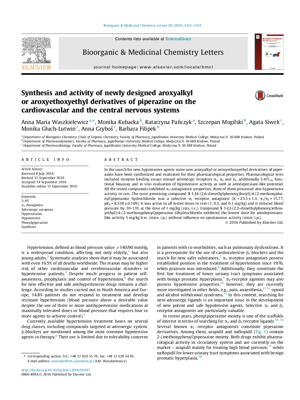 Synthesis and activity of newly designed aroxyalkyl or aroxyethoxyethyl derivatives of piperazine on the cardiovascular and the central nervous systems