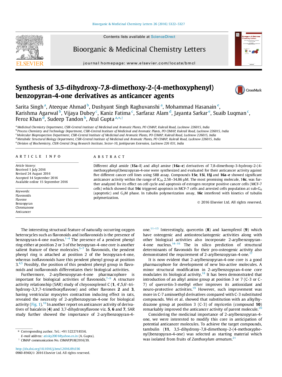 Synthesis of 3,5-dihydroxy-7,8-dimethoxy-2-(4-methoxyphenyl)benzopyran-4-one derivatives as anticancer agents