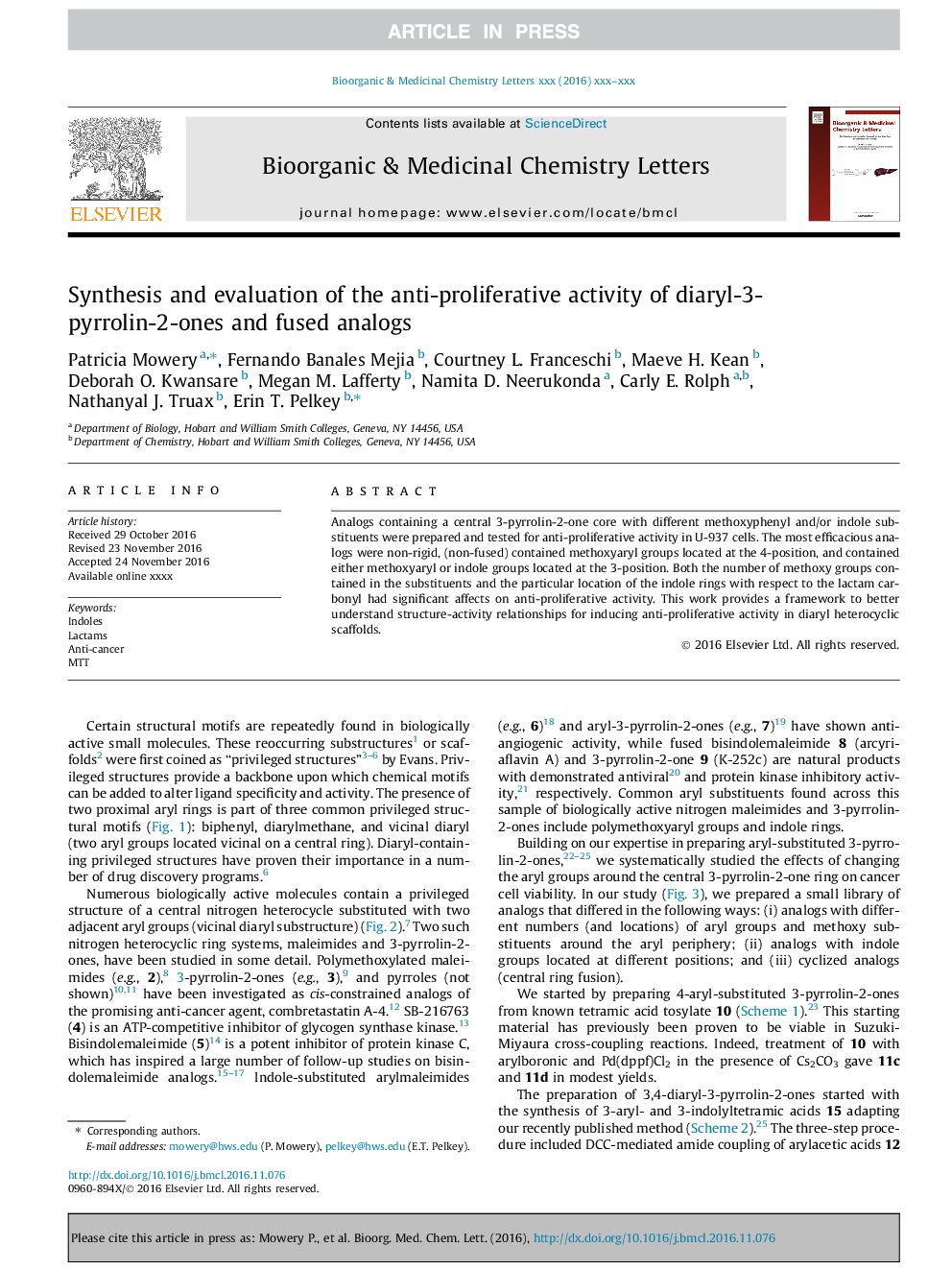 Synthesis and evaluation of the anti-proliferative activity of diaryl-3-pyrrolin-2-ones and fused analogs