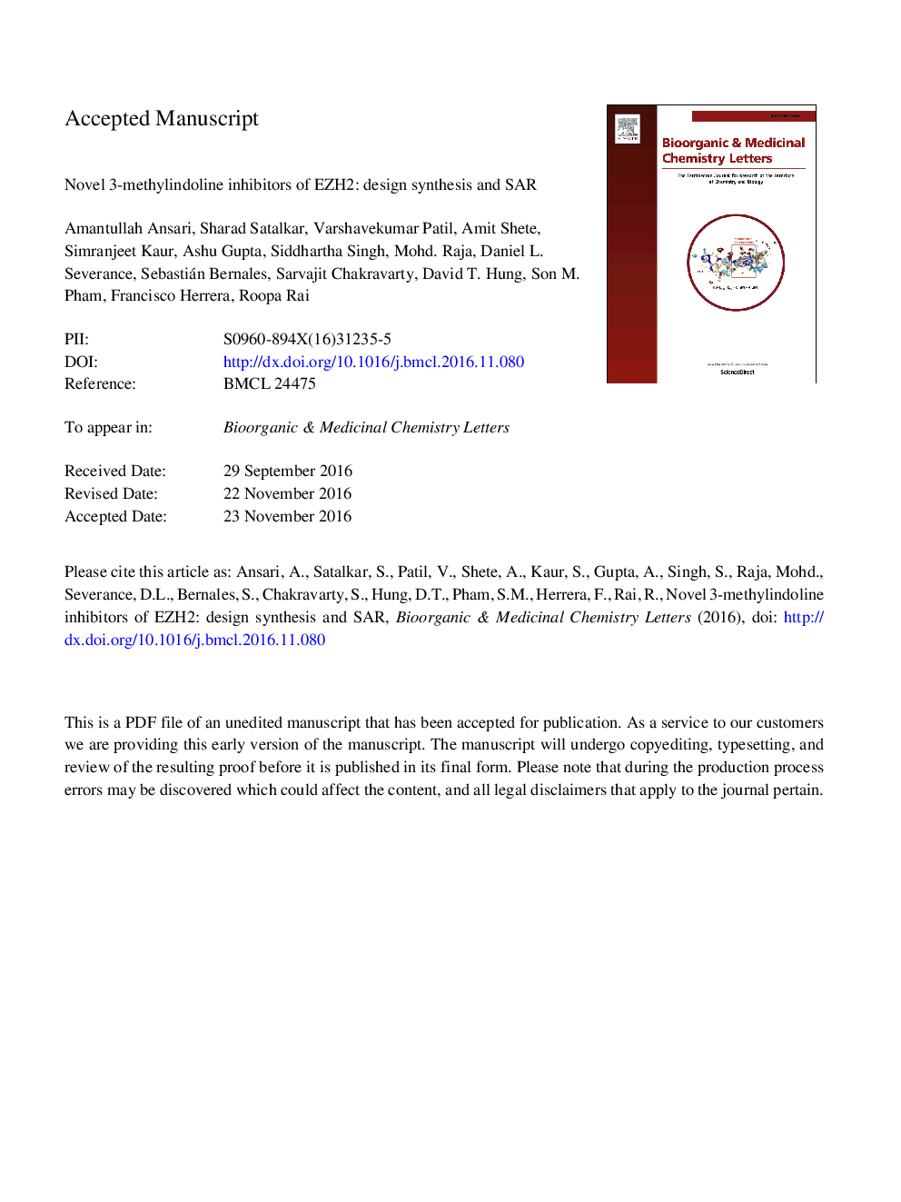 Novel 3-methylindoline inhibitors of EZH2: Design, synthesis and SAR