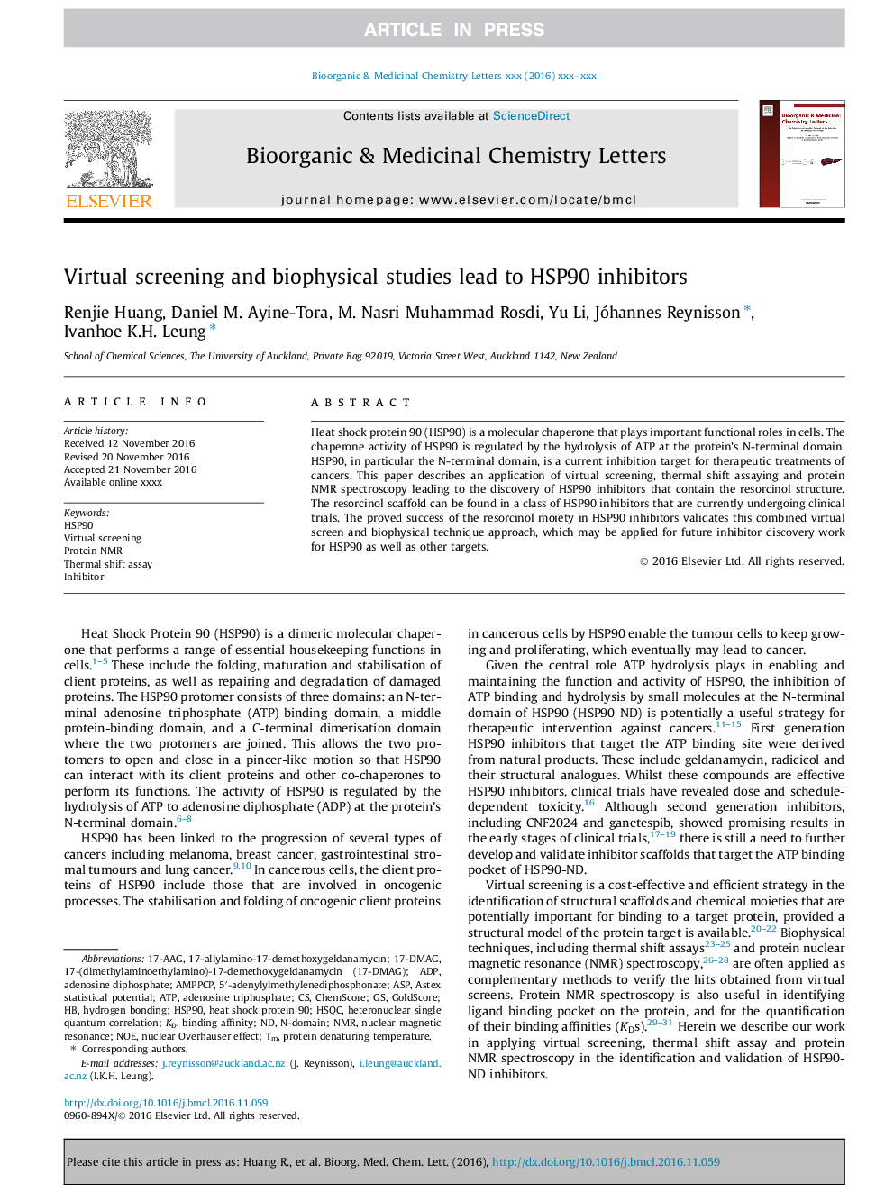 Virtual screening and biophysical studies lead to HSP90 inhibitors