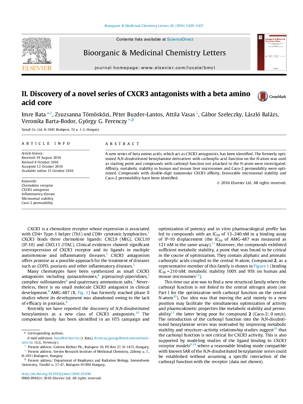 II. Discovery of a novel series of CXCR3 antagonists with a beta amino acid core