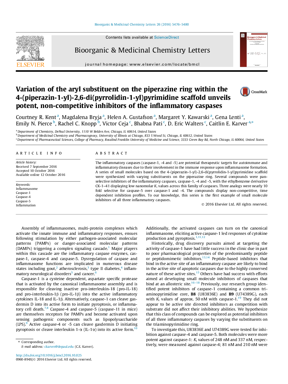 Variation of the aryl substituent on the piperazine ring within the 4-(piperazin-1-yl)-2,6-di(pyrrolidin-1-yl)pyrimidine scaffold unveils potent, non-competitive inhibitors of the inflammatory caspases