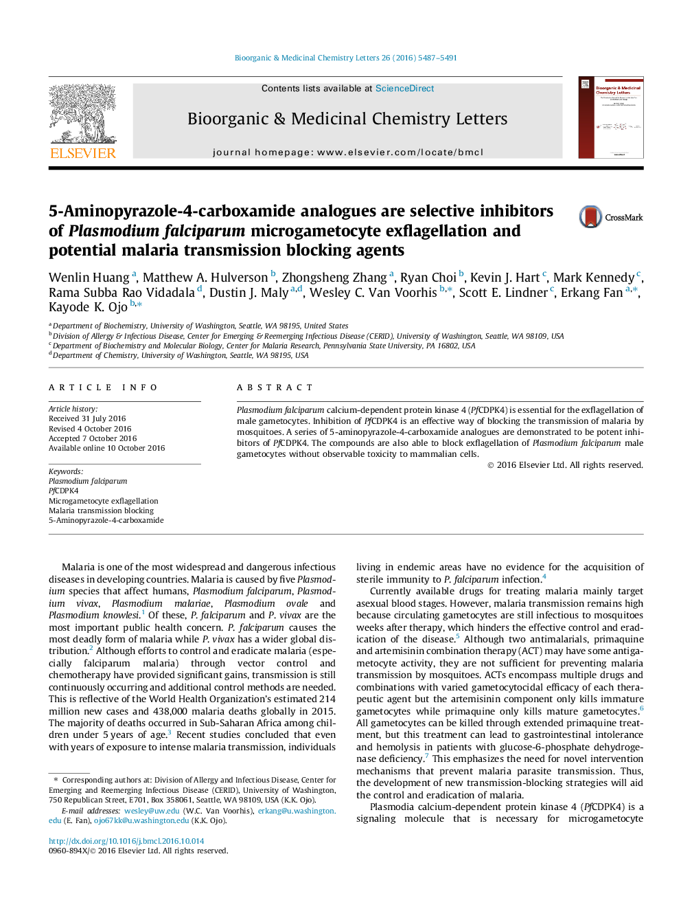 5-Aminopyrazole-4-carboxamide analogues are selective inhibitors of Plasmodium falciparum microgametocyte exflagellation and potential malaria transmission blocking agents