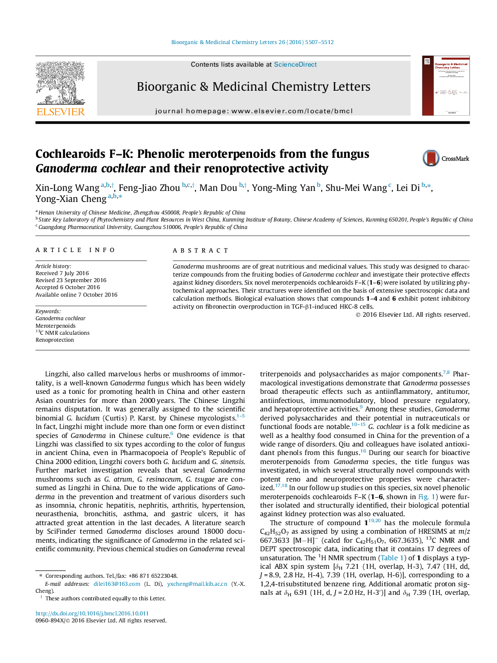 Cochlearoids F-K: Phenolic meroterpenoids from the fungus Ganoderma cochlear and their renoprotective activity