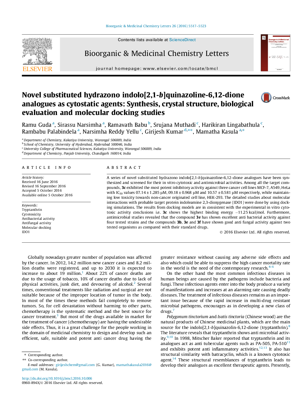 Novel substituted hydrazono indolo[2,1-b]quinazoline-6,12-dione analogues as cytostatic agents: Synthesis, crystal structure, biological evaluation and molecular docking studies