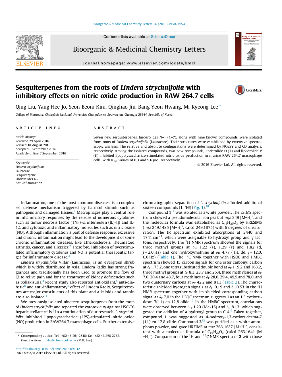 Sesquiterpenes from the roots of Lindera strychnifolia with inhibitory effects on nitric oxide production in RAW 264.7 cells