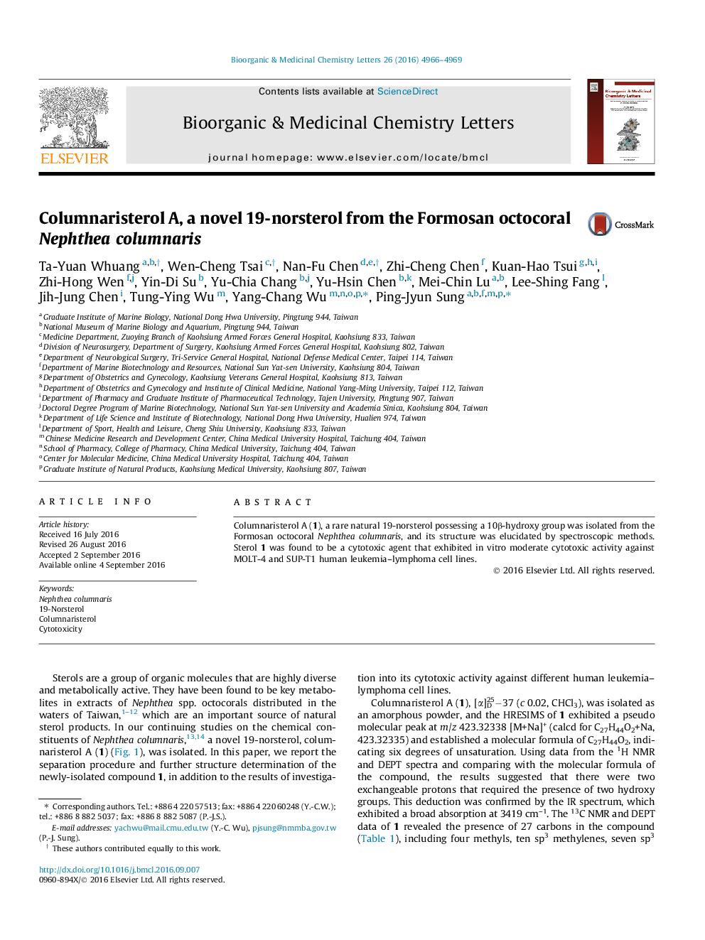 Columnaristerol A, a novel 19-norsterol from the Formosan octocoral Nephthea columnaris