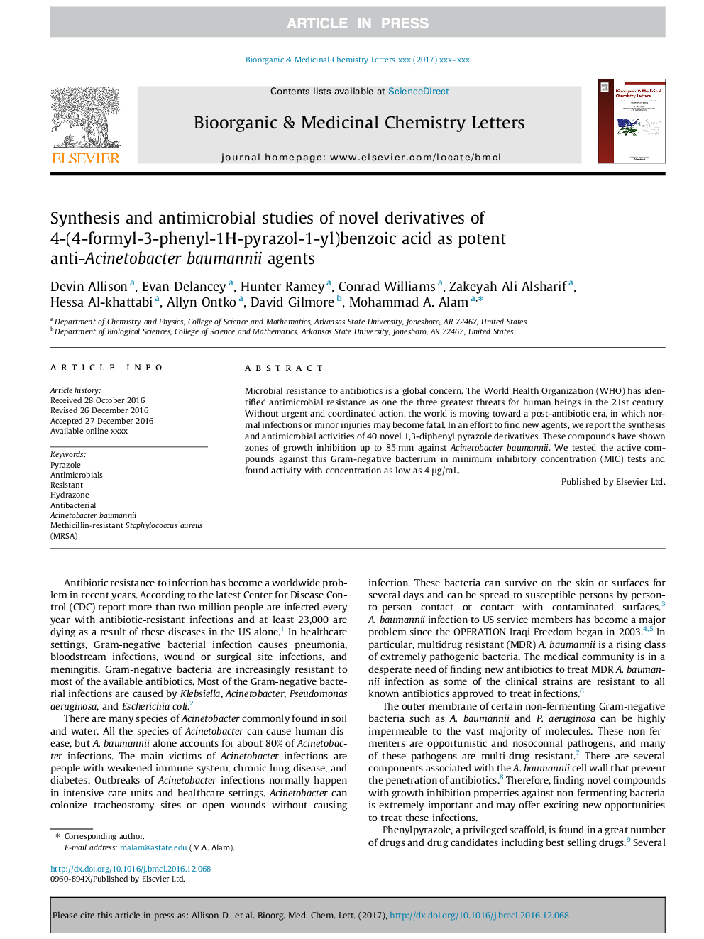 Synthesis and antimicrobial studies of novel derivatives of 4-(4-formyl-3-phenyl-1H-pyrazol-1-yl)benzoic acid as potent anti-Acinetobacter baumannii agents