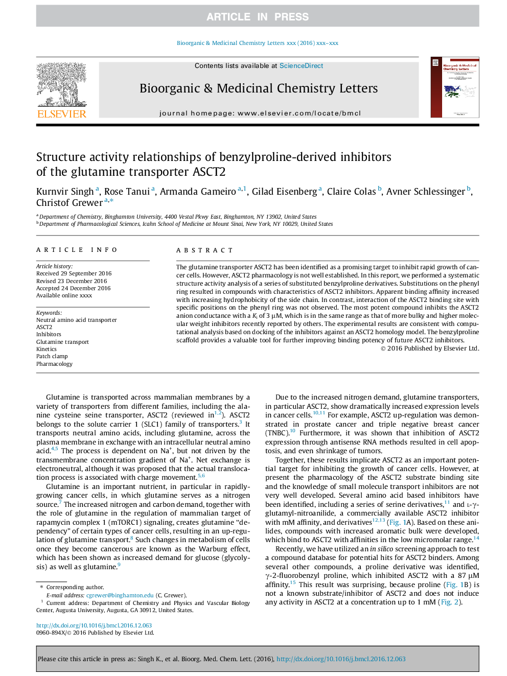 Structure activity relationships of benzylproline-derived inhibitors of the glutamine transporter ASCT2