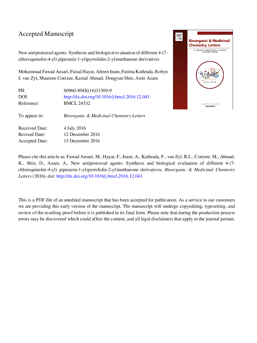 New antiprotozoal agents: Synthesis and biological evaluation of different 4-(7-chloroquinolin-4-yl) piperazin-1-yl)pyrrolidin-2-yl)methanone derivatives