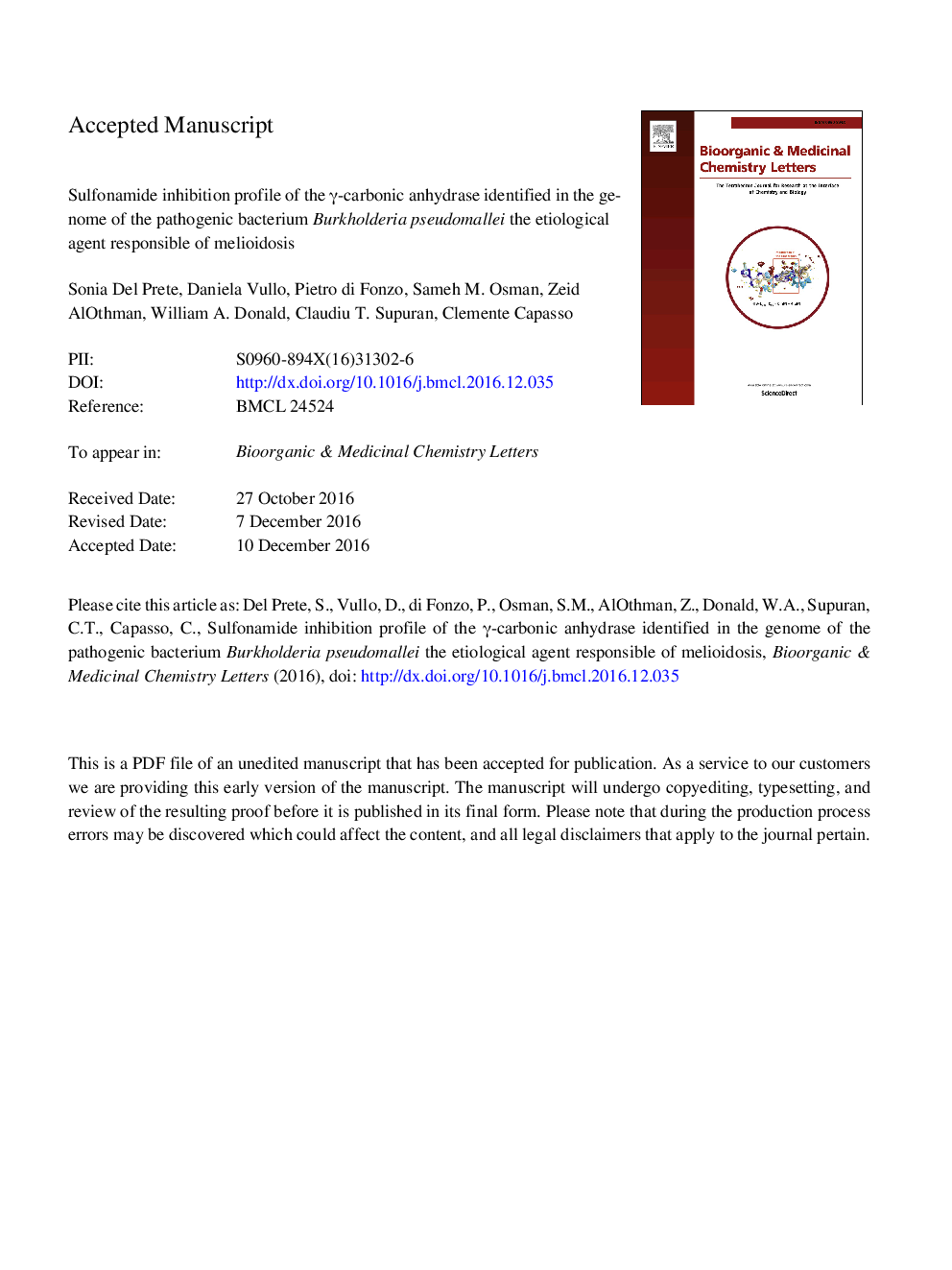 Sulfonamide inhibition profile of the Î³-carbonic anhydrase identified in the genome of the pathogenic bacterium Burkholderia pseudomallei the etiological agent responsible of melioidosis