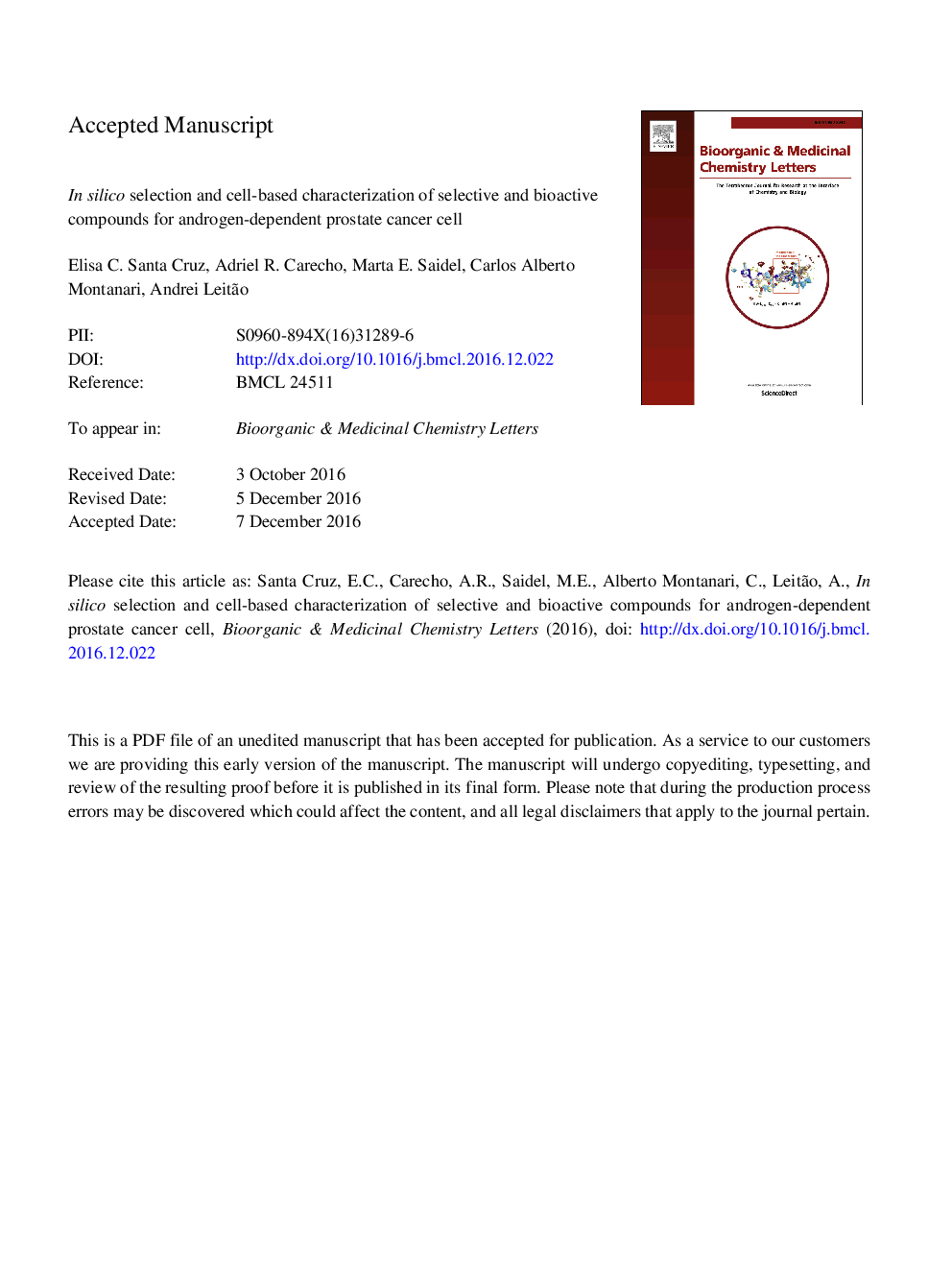 In silico selection and cell-based characterization of selective and bioactive compounds for androgen-dependent prostate cancer cell