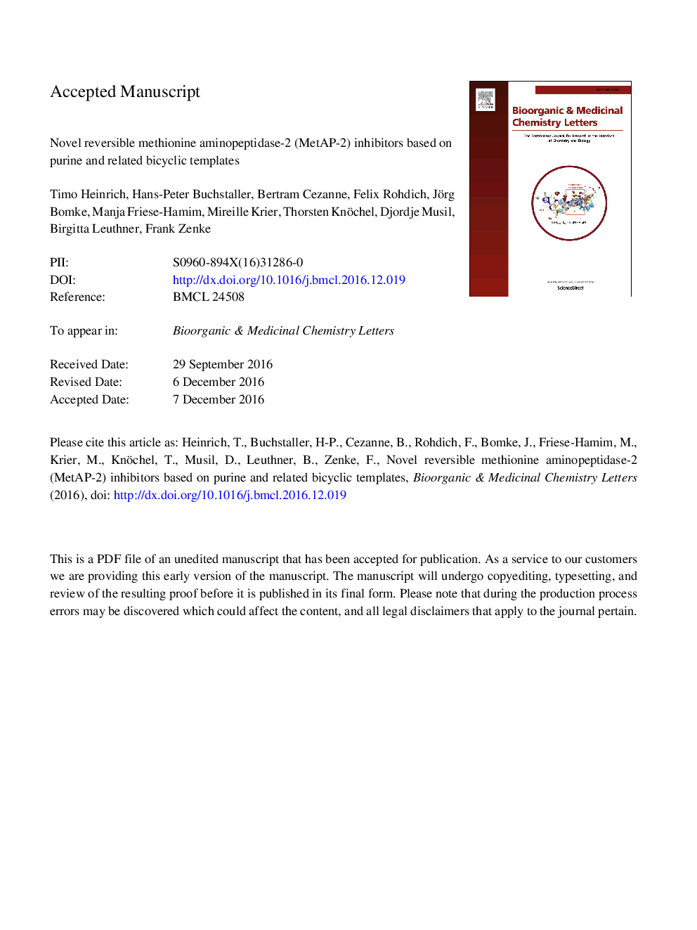 Novel reversible methionine aminopeptidase-2 (MetAP-2) inhibitors based on purine and related bicyclic templates