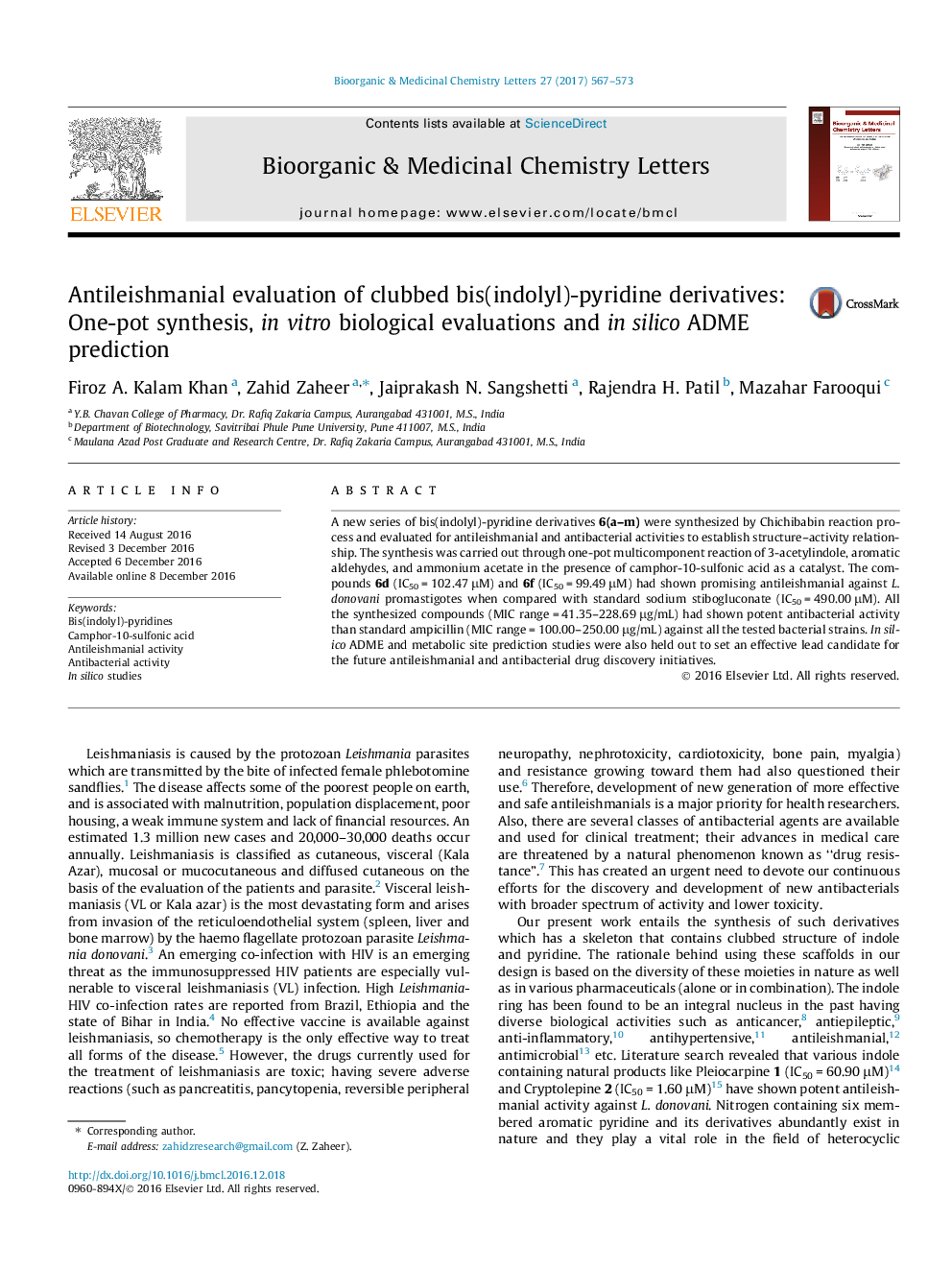 Antileishmanial evaluation of clubbed bis(indolyl)-pyridine derivatives: One-pot synthesis, in vitro biological evaluations and in silico ADME prediction