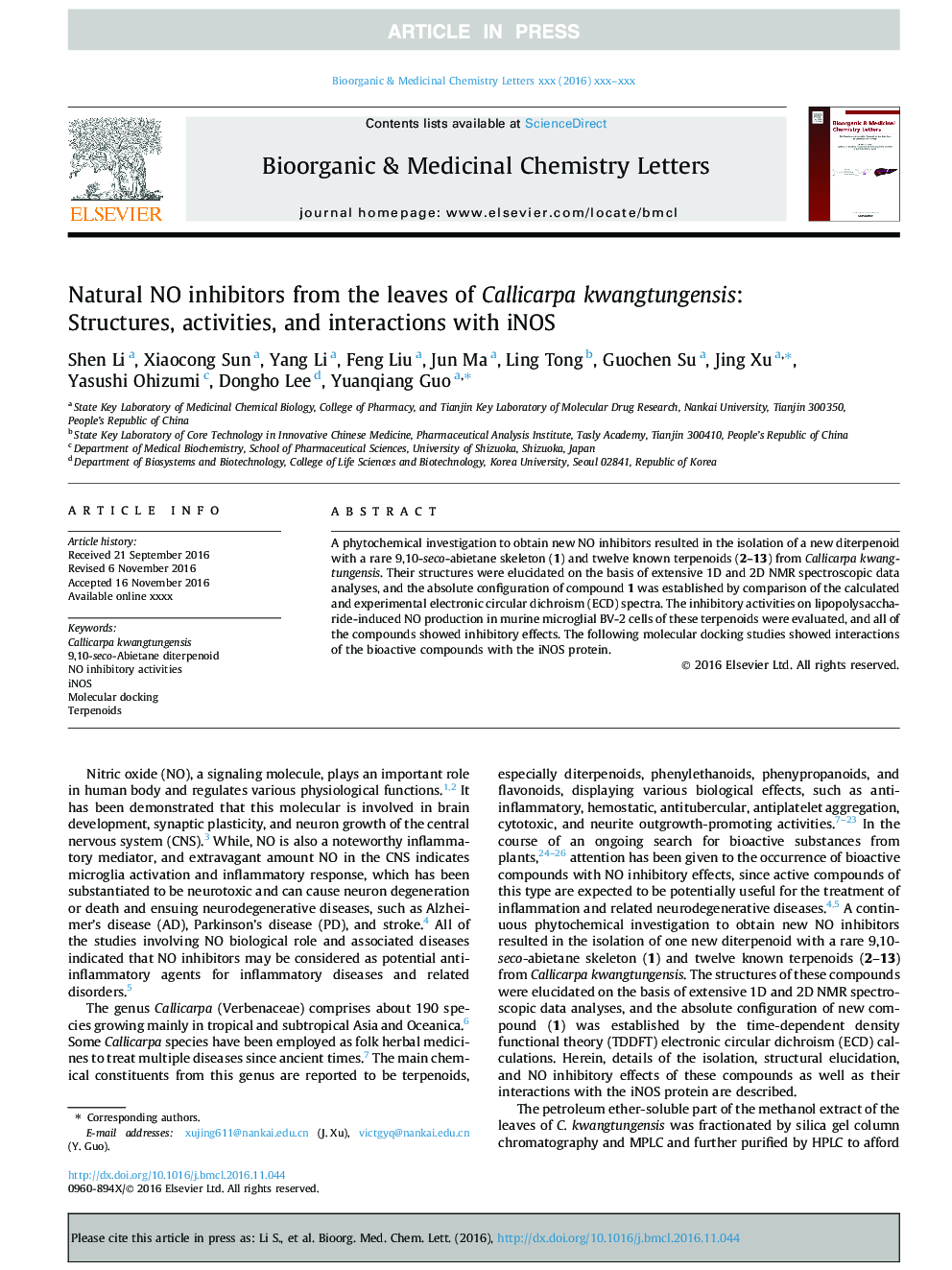 Natural NO inhibitors from the leaves of Callicarpa kwangtungensis: Structures, activities, and interactions with iNOS