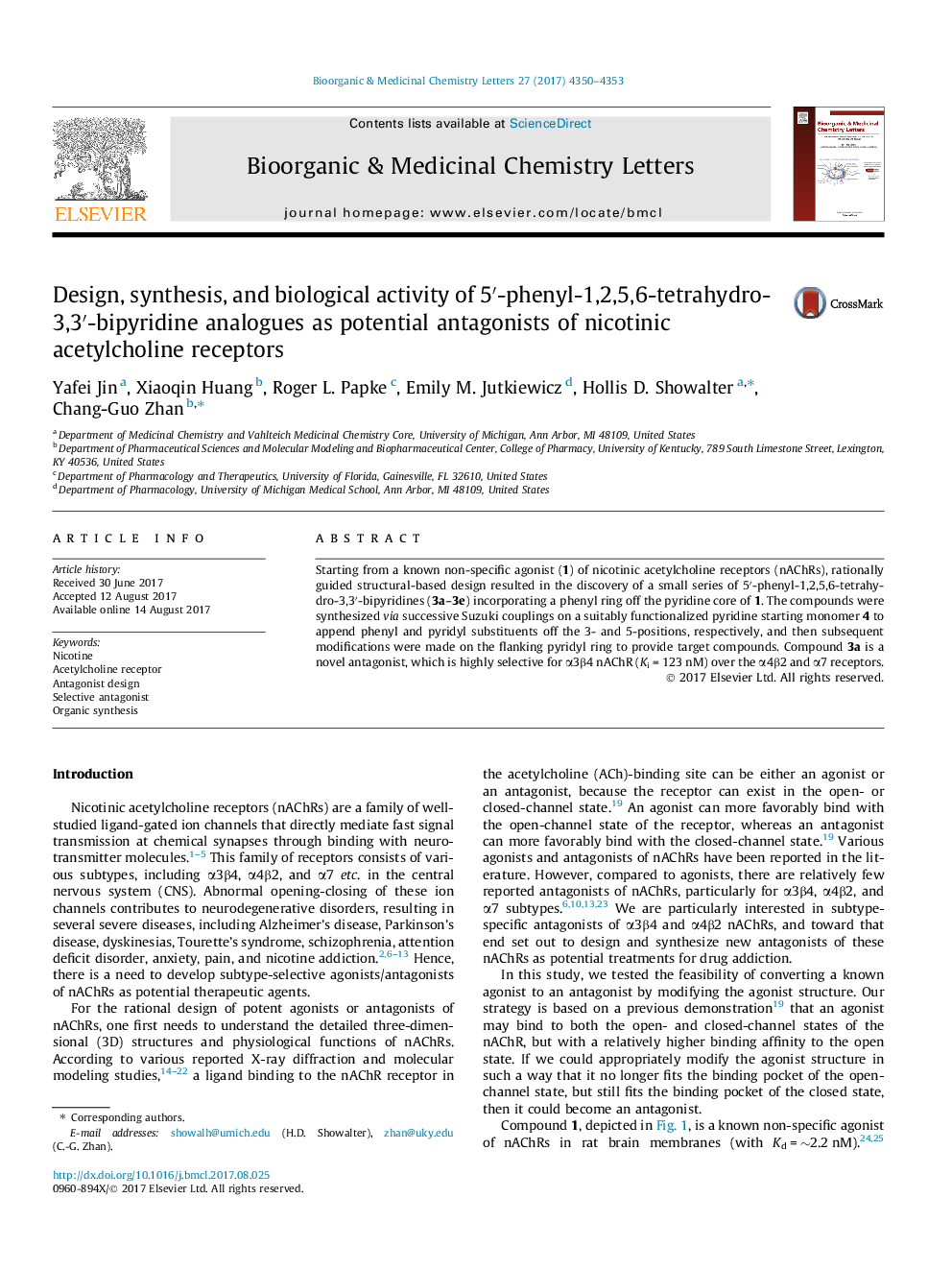 Design, synthesis, and biological activity of 5â²-phenyl-1,2,5,6-tetrahydro-3,3â²-bipyridine analogues as potential antagonists of nicotinic acetylcholine receptors