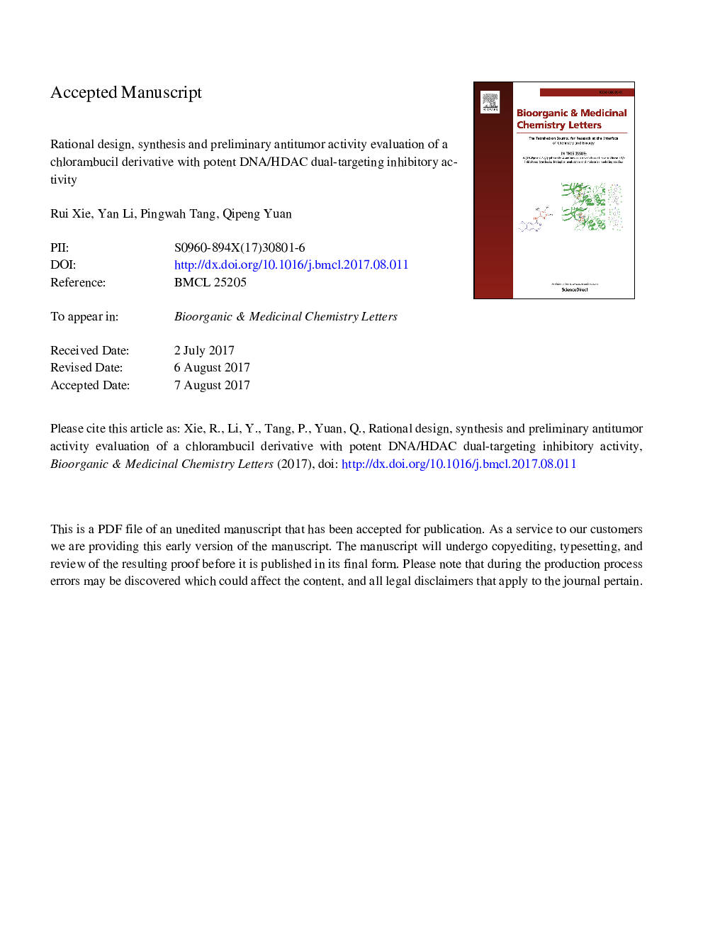 Rational design, synthesis and preliminary antitumor activity evaluation of a chlorambucil derivative with potent DNA/HDAC dual-targeting inhibitory activity