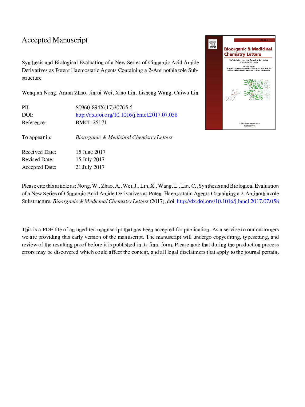 Synthesis and biological evaluation of a new series of cinnamic acid amide derivatives as potent haemostatic agents containing a 2-aminothiazole substructure