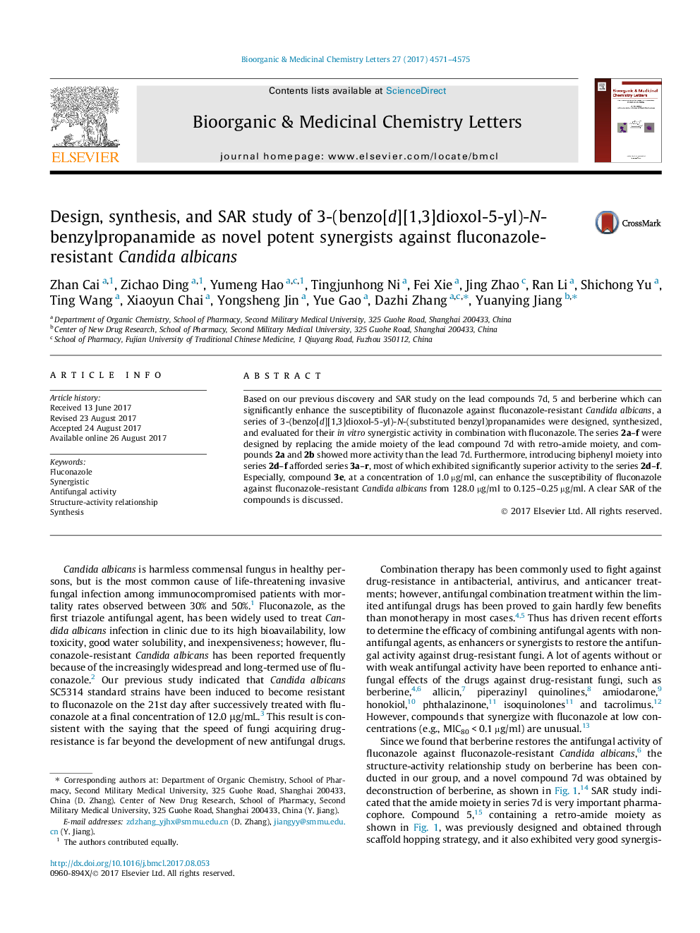 Design, synthesis, and SAR study of 3-(benzo[d][1,3]dioxol-5-yl)-N-benzylpropanamide as novel potent synergists against fluconazole-resistant Candida albicans