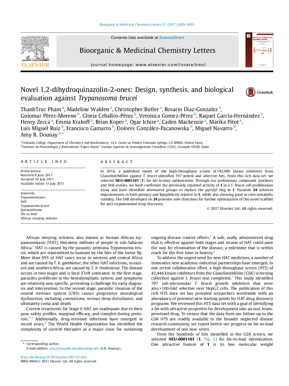 Novel 1,2-dihydroquinazolin-2-ones: Design, synthesis, and biological evaluation against Trypanosoma brucei