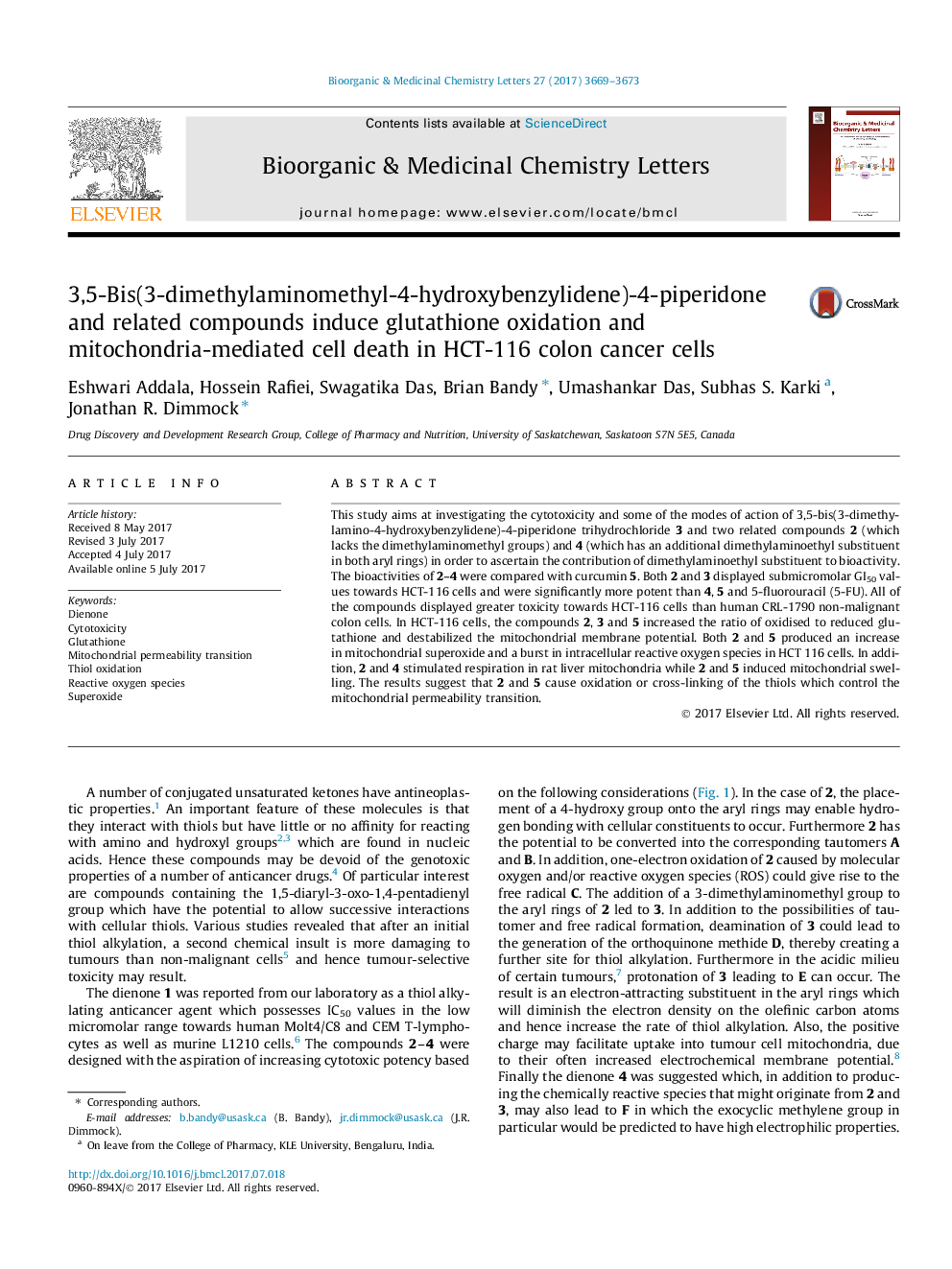 3,5-Bis(3-dimethylaminomethyl-4-hydroxybenzylidene)-4-piperidone and related compounds induce glutathione oxidation and mitochondria-mediated cell death in HCT-116 colon cancer cells