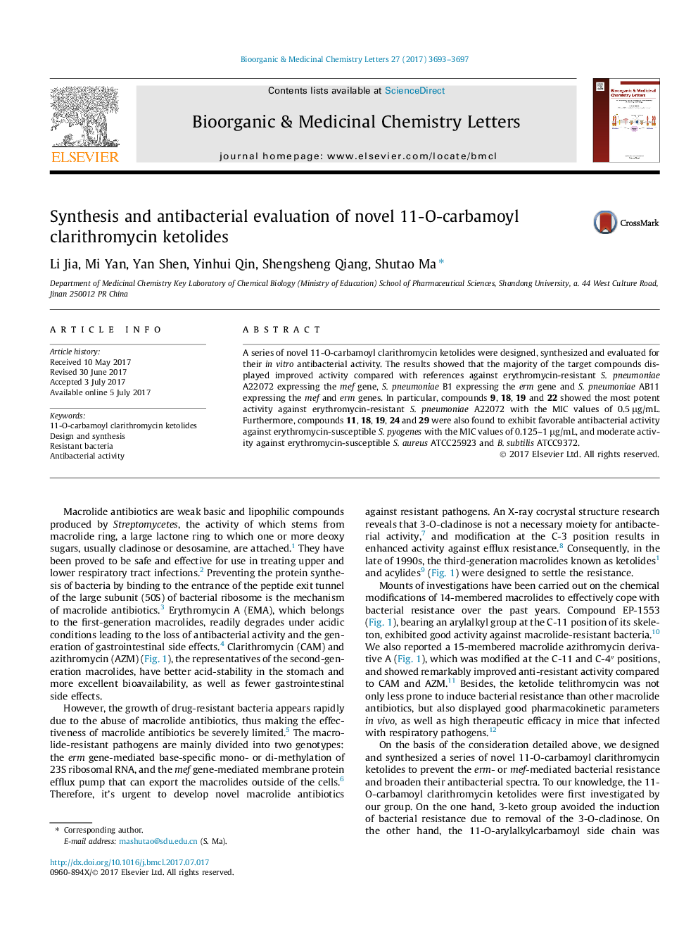 Synthesis and antibacterial evaluation of novel 11-O-carbamoyl clarithromycin ketolides