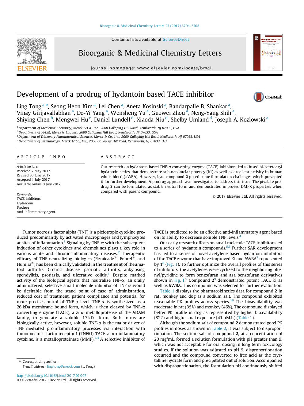 Development of a prodrug of hydantoin based TACE inhibitor