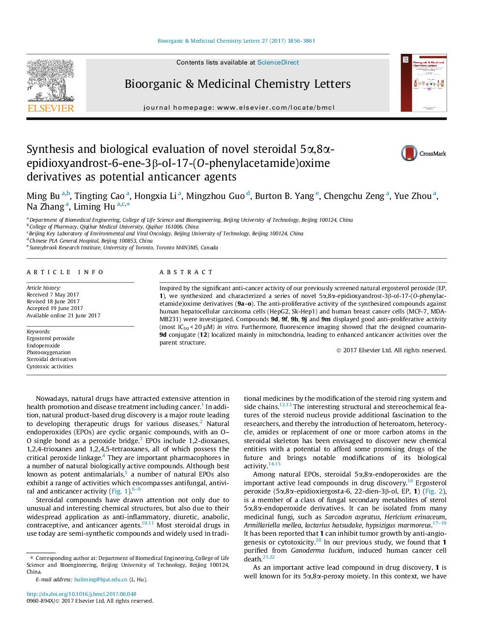 Synthesis and biological evaluation of novel steroidal 5Î±,8Î±-epidioxyandrost-6-ene-3Î²-ol-17-(O-phenylacetamide)oxime derivatives as potential anticancer agents