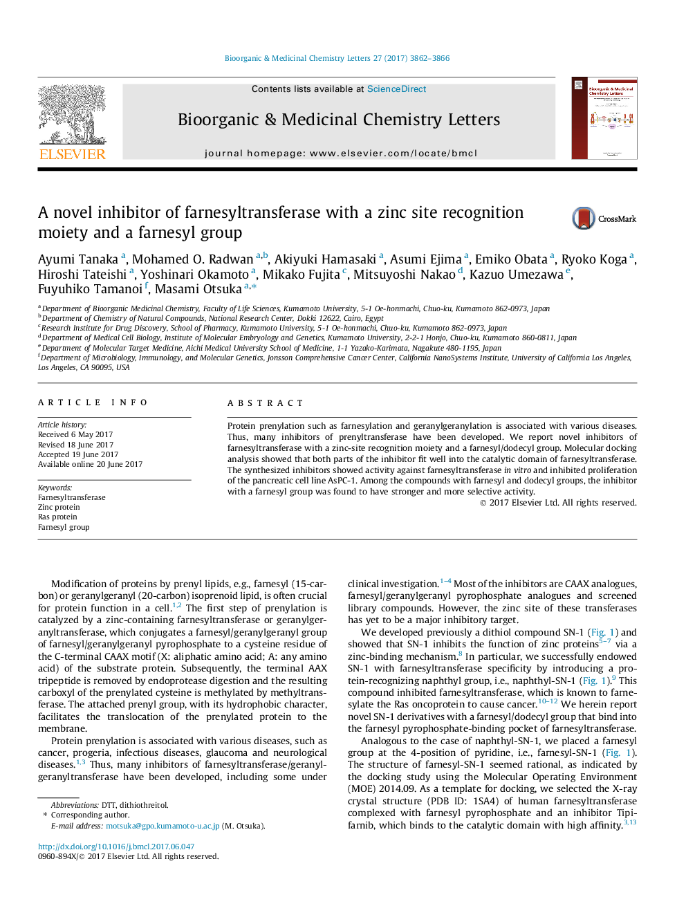 A novel inhibitor of farnesyltransferase with a zinc site recognition moiety and a farnesyl group